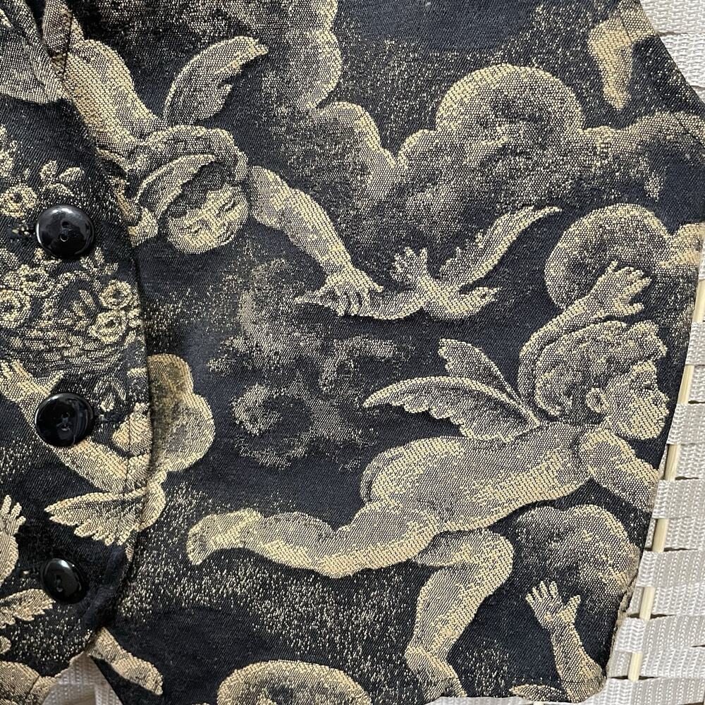 Facets by Mirrors Vintage Tapestry Vest Women M Black Cherubs Angels Satin Back - Picture 3 of 7